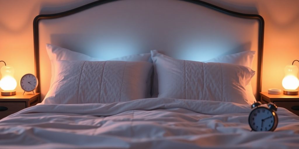 Entspannendes Schlafzimmer mit Kissen und Wecker.